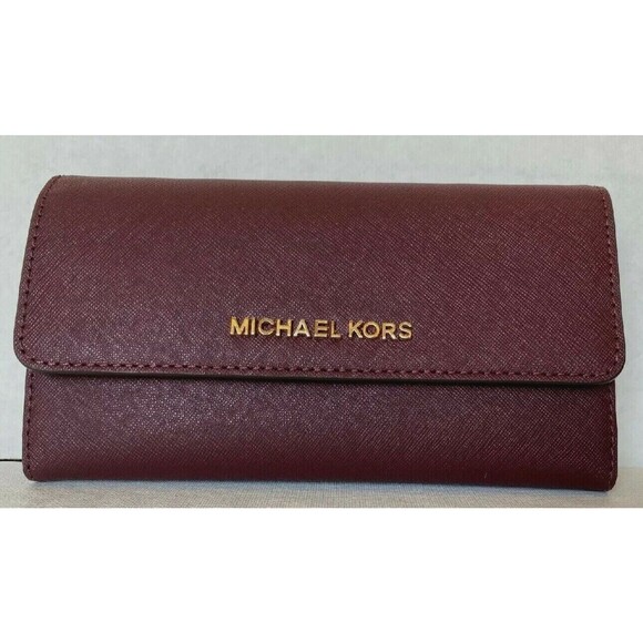 New Michael Kors Jet Set Travel Large Trifold Wallet Leather Merlot - Picture 1 of 5
